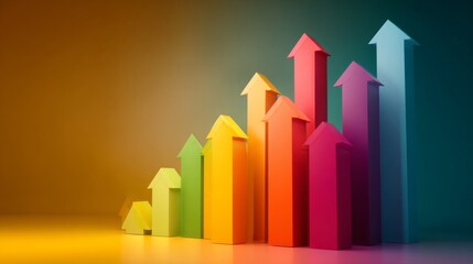 Poster - A creative D bar graph design featuring bars shaped like arrows, pointing upward against a gradient background, symbolizing growth and positive financial trends.