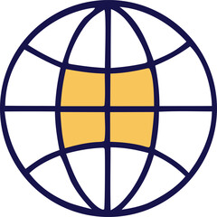 Fototapete - Stylized globe icon with dark blue grid lines and yellow quadrants representing global connectivity and digital networks