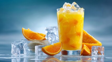 Poster - A creative presentation of a glass of orange juice with ice cubes, surrounded by slices of oranges and a small bowl of sugar, enhancing the drink's refreshing appeal.