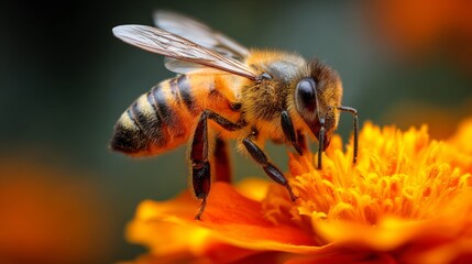 Poster - A detailed image of a honeybee collecting nectar from a bright flower, with pollen visible on its legs, illustrating the beauty of pollination