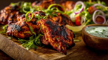 Aufkleber - A dramatic close-up of a sizzling tandoori chicken, with charred edges and vibrant colors, served on a platter with fresh salad and mint sauce for dipping
