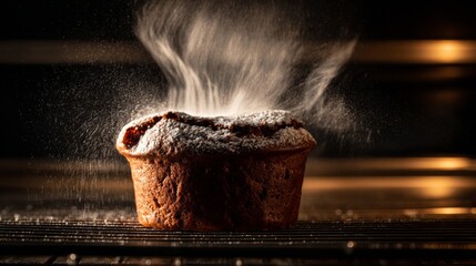 Poster - A dramatic shot of a chocolate souffl rising in the oven, with a rich brown color and a dusting of powdered sugar on top, emphasizing its airy texture