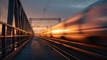 Poster - A dynamic shot of a high-speed train crossing a bridge at sunset, with the golden light reflecting off its smooth, aerodynamic design.