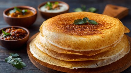 Poster - A dynamic shot of freshly made dosas stacked high, served with coconut chutney and sambar on the side, emphasizing the textures and flavors of this popular South Indian dish