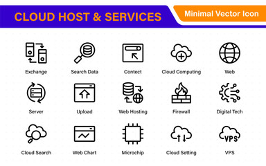 Fototapete - Set of web hosting and cloud services icons. Linear style icon bundle.Outline icon collection.