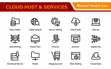 Fototapete - Set of web hosting and cloud services icons. Linear style icon bundle.Outline icon collection.