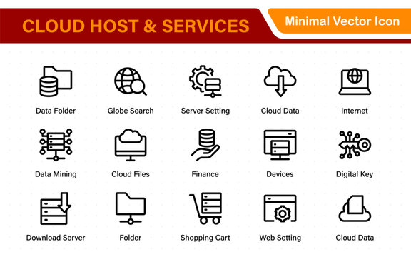 Set of web hosting and cloud services icons. Linear style icon bundle.Outline icon collection.