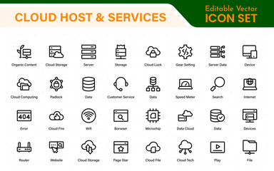 Fototapete - Set of web hosting and cloud services icons. Linear style icon bundle.Outline icon collection.