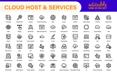 Fototapete - Set of web hosting and cloud services icons. Linear style icon bundle.Outline icon collection.