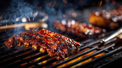 Poster - A high-resolution image of pork ribs being grilled on a barbecue, with charred edges and a glossy sauce, surrounded by grilling utensils and smoke.