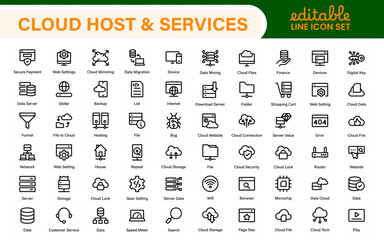 Fototapete - Set of web hosting and cloud services icons. Linear style icon bundle.Outline icon collection.