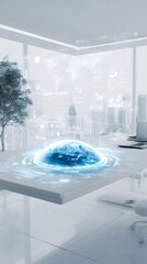 Poster - A futuristic floating financial interface above a clean white desk