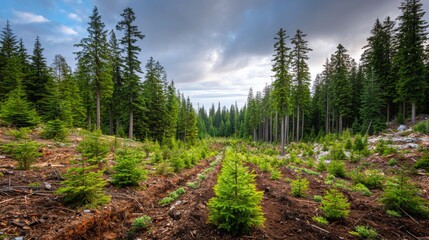 Poster - A lush forest clearing with freshly planted saplings surrounded by older trees, showcasing the progress of reforestation in a natural environment