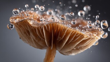 Poster - A macro shot of a mushroom with clear water droplets clinging to its gills, highlighting the intricate details of the fungi against a soft-focus backdrop