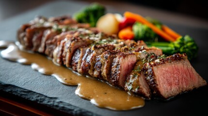Poster - A medium-rare steak cut into thick slices, served with a rich gravy and roasted vegetables, plated elegantly on a dark slate serving board.