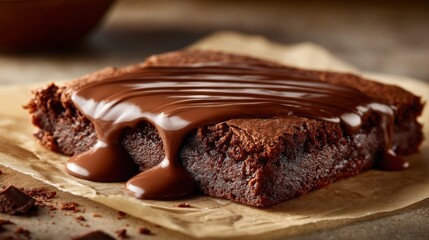 Poster - A melting piece of chocolate cascading over a freshly baked brownie, with the rich, gooey texture captured in soft, warm lighting