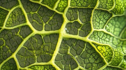 Poster - Close-up of a vibrant green leaf's intricate vein structure, showcasing its texture and natural pattern.