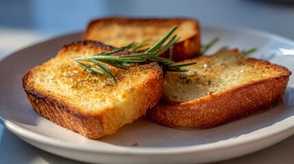 Poster - A minimalist shot of perfectly toasted bread slices on a white plate, garnished with a sprig of rosemary, emphasizing simplicity and elegance.