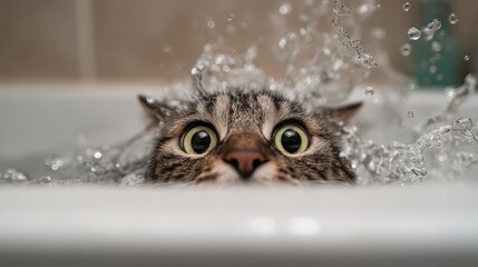 Poster - A playful moment captured as a cat tries to escape from a bathtub, with water splashing around and its wide eyes showing both curiosity and surprise.