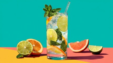 Poster - A refreshing sparkling soda served in a tall glass with a straw, garnished with mint leaves and citrus slices, set against a colorful background
