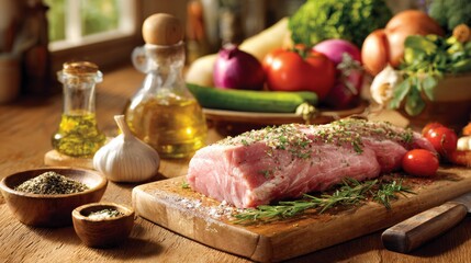 Aufkleber - A rustic kitchen scene with a whole pork tenderloin being seasoned and prepared on a wooden countertop, with fresh vegetables and cooking utensils nearby.
