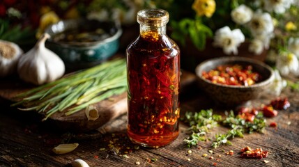 Poster - A serene image of a bottle of homemade chili oil on a wooden table, surrounded by fresh ingredients like garlic and herbs, evoking a warm and inviting kitchen vibe