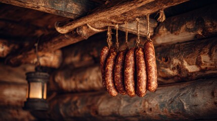 Poster - A serene image of sausages hanging in a traditional smokehouse, with a rustic background, capturing the artisanal process of sausage-making and smoking