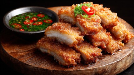 Poster - A serving of crispy pork belly fried in fish sauce, arranged on a rustic wooden plate with a side of fresh chili and garlic dipping sauce.