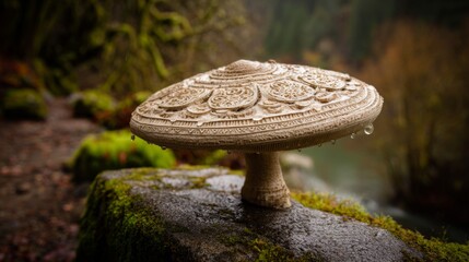 Aufkleber - A single large mushroom with intricate patterns on its cap, adorned with droplets of water, placed on a mossy stone in a serene forest setting