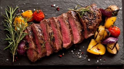 Poster - A sliced steak with a juicy pink center, neatly arranged on a dark slate plate with rosemary and grilled vegetables placed decoratively around it