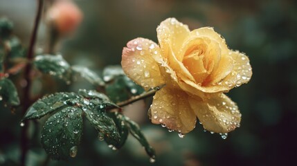 Poster - A soft-focus image of a yellow rose in the rain, with water droplets collecting on the petals and leaves, creating a fresh and serene feeling.