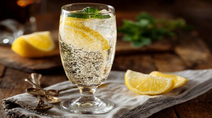 Poster - A sparkling soda served in a vintage-style glass, with bubbles rising, a slice of lemon, and a hint of mint, set on a rustic table