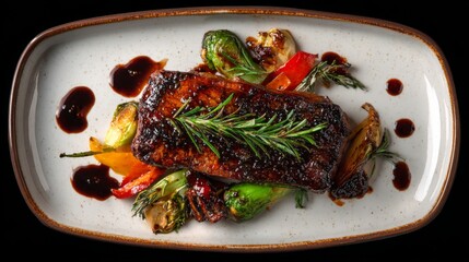 Poster - A steak resting on a stylish ceramic plate, surrounded by sauted vegetables, rosemary, and a splash of balsamic glaze for an artistic presentation.