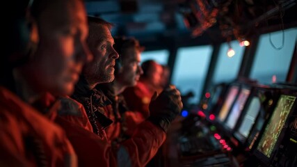 Aufkleber - Ship's crew members concentrating on navigation and control in the command center of a vessel, illuminated by the warm glow of control panels and the dim light of the approaching night