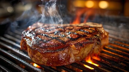 Aufkleber - A thick, bone-in ribeye steak sizzling on a hot grill, with visible flames and smoke rising, highlighting the cooking process of a perfect steak