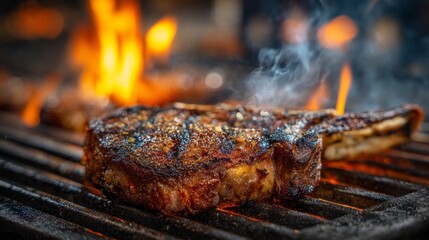 Aufkleber - A thick, bone-in ribeye steak sizzling on a hot grill, with visible flames and smoke rising, highlighting the cooking process of a perfect steak