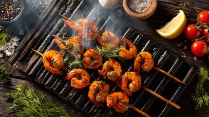 Poster - A top-down shot of skewers of marinated shrimp, placed on a grill with smoke rising, surrounded by fresh ingredients for a fresh, summery vibe.
