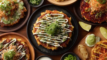 Poster - A top-down view of a colorful okonomiyaki feast, featuring different variations on a wooden table, garnished with sauces and fresh ingredients for an inviting scene.