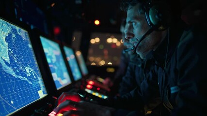 Aufkleber - Coast guard officers working at night, monitoring navigation charts on computer screens, using headsets to communicate and ensure safe passage of vessels