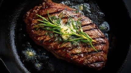 Poster - A top-down view of a sizzling steak on a cast iron skillet, with melted butter and herbs surrounding the perfectly seared meat