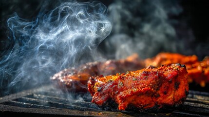 Poster - A top-down view of a sizzling tandoori chicken on a hot grill, with smoke rising and spices visibly coating the meat, emphasizing the cooking process.