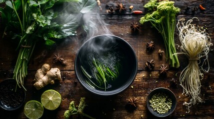 Poster - A top-down view of a steaming bowl of Khao Mok Gai, surrounded by fresh ingredients like herbs and spices, emphasizing the dish's deliciousness and aroma.