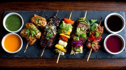 Poster - A top-down view of yakitori skewers served on a black slate plate, accompanied by colorful dipping sauces and garnished with fresh vegetables for a striking contrast.