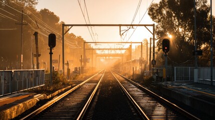 Poster - A train crossing a railway track at sunrise, with the golden light of the early morning casting long shadows over the rails