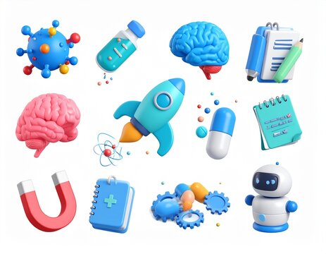 science laboratory 3D vector icon set._microscope,note and pencil,compass drafting