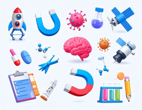 science laboratory 3D vector icon set._microscope,note and pencil,compass drafting
