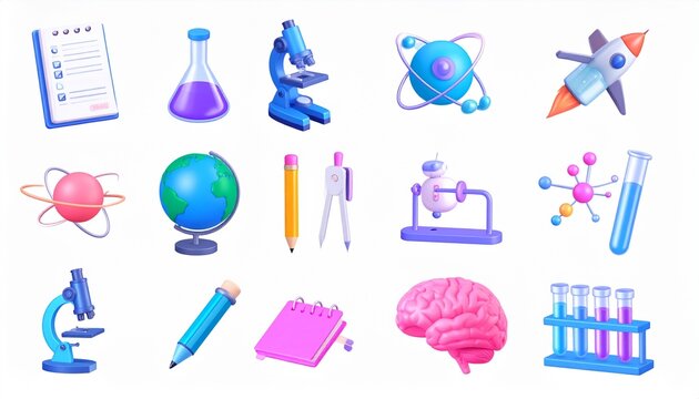 science laboratory 3D vector icon set._microscope,note and pencil,compass drafting