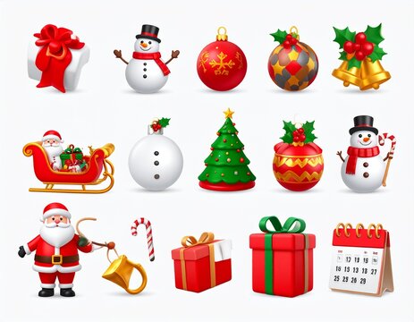 christmas 3D vector icon set._santa claus,christmas decorative ball,snowman,christmas