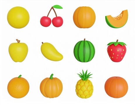 3d rendering. fruits and vegetables icon set on a white background.pear,melon,avocado