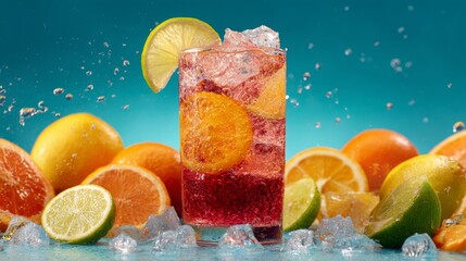 Poster - A vibrant, bubbly sparkling soda in a glass with ice cubes, surrounded by fresh fruits like lemon, lime, and orange slices